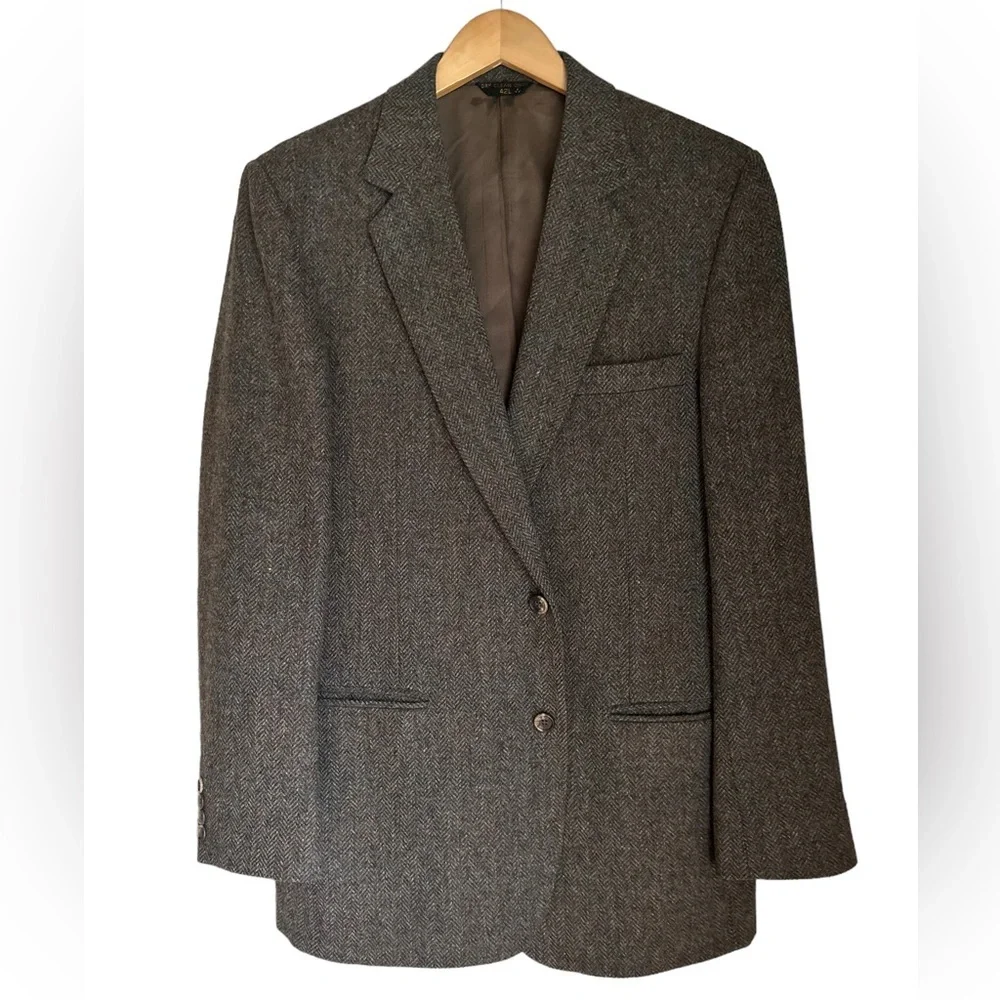 Vintage By Haggar Mens Brown Herringbone Wool Tweed Two Button Sport Coat Sz.42L